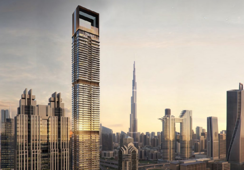 En primer término la Trump Tower en Dubai. (X)
