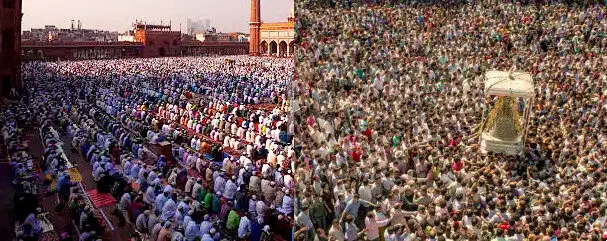 Dos imágenes multitudinarias que este año han coincidido en el tiempo: rezo en el Eid al Adha -izquierda- y procesión de la Virgen del Rocío. (Fuente externa)