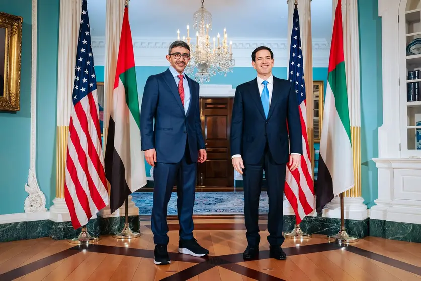 El jeque Abdullah y Marco Rubio en la capital de Estados Unidos. (WAM)
