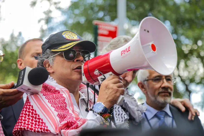 Gustavo Petro, durante las protestas en Nueva York contra la intervención del primer ministro israelí en la Asamblea General de la ONU. (