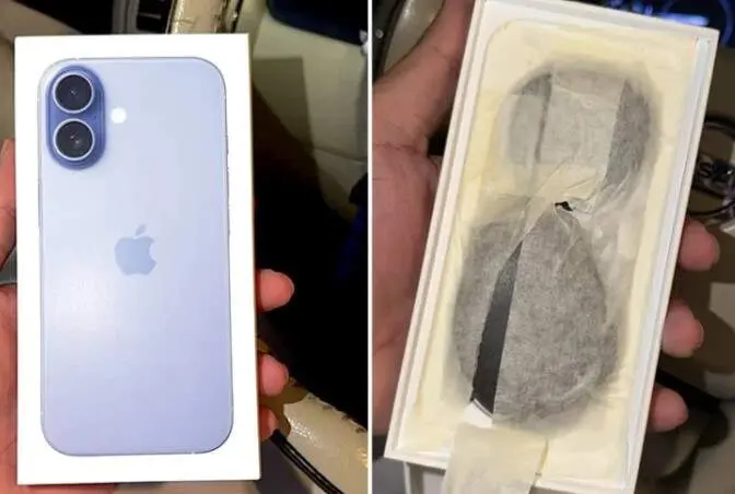Una imagen combinada muestra piedras dentro de la caja del iPhone 17 en Al Ain. (Fuente externa)
