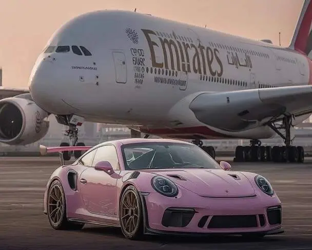 El Porsche junto al avión de Emirates. (Instagram)