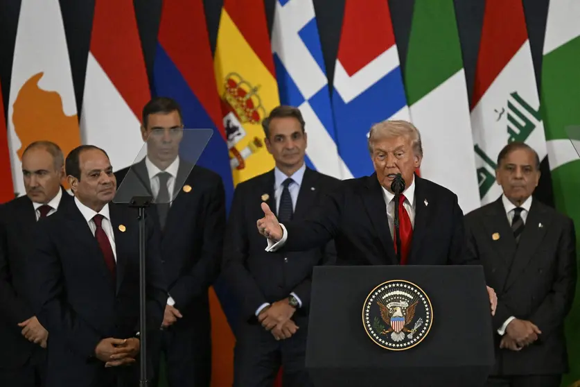 Un momento del discurso de Trump en la Cumbre de Paz en Egipto. (WAM)