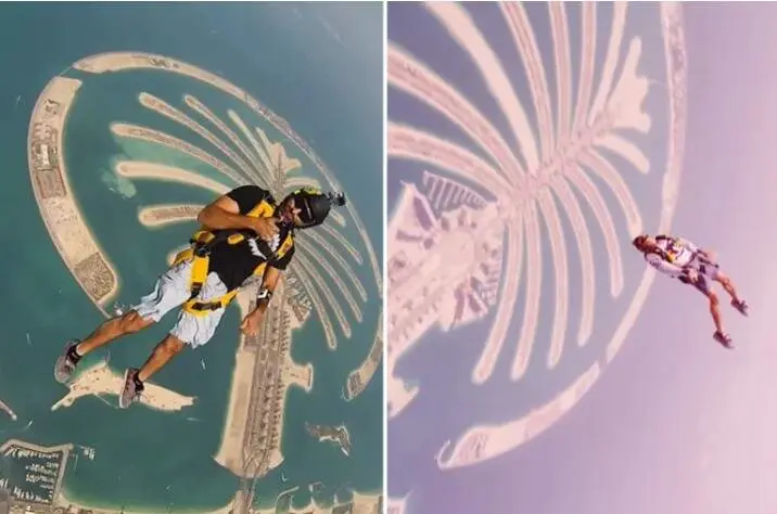 Momentos del jeque Hamdan durante su salto en paracaídas. (Instagram)