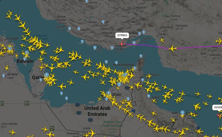 Captura de pantalla del Estrecho de Ormuz de la web Fligthradar24.