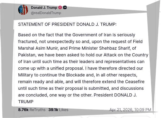 Mensaje del presidente de Estados Unidos en su red social.