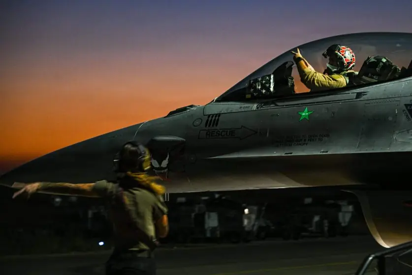 Un piloto de combate de la Fuerza A&eacute;rea de EE.UU. realiza verificaciones previas al vuelo en un avi&oacute;n de combate F-16. (Centcom)