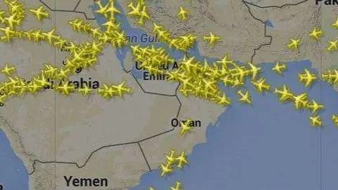 Captura del sitio flyghtradar donde se muestra el espacio aéreo del Golfo Arábigo.
