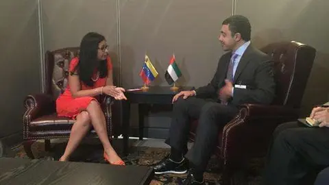 Delcy Rodríguez sostiene encuentro bilateral con su par de los Emiratos Árabes.