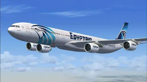 Un avión de la aerolínea nacional de Egipto en pleno vuelo.