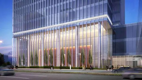 La entrada principal a la torre Al Hilal en la capital de Emiratos.