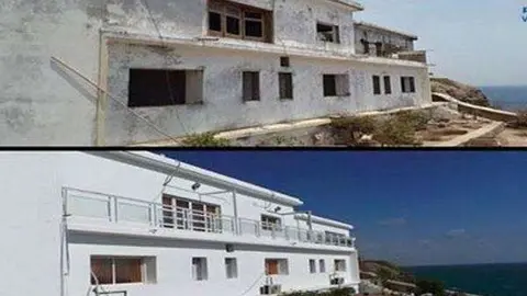 Imágenes del palacio antes y después de la restauración.