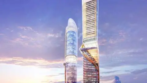 Maqueta de las dos torres que se alzarán en Tecom.