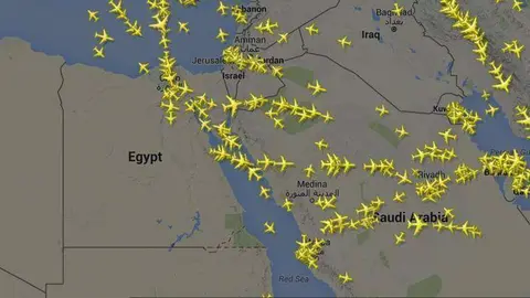 Captura de Flightradar de la provincia del Sinaí este sábado.