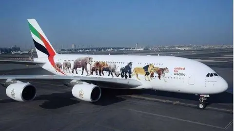 A380 de Emirates decorado con animales en peligro de extinción.