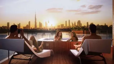 Las villas flotantes están en las Islas del Mundo de Dubai.