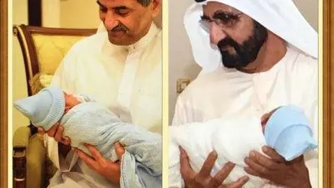 El jeque de Fujairah y el gobernador de Dubai con su nuevo nieto.