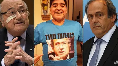 Maradona con la camiseta de la polémica y los personajes a los que alude.