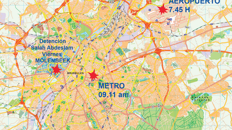Puntos y horas en los que se han producido los atentados y la detención en Bruselas.
