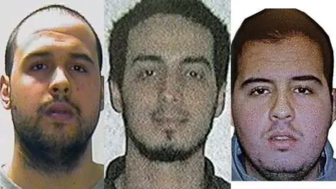 De izquierda a derecha, Khalid El Bakraoui, Najim Laachraoui y, los tres suicidas de los atentados de Bruselas.