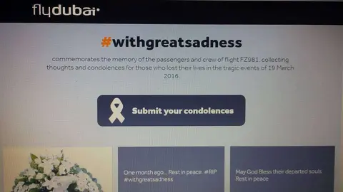 Captura de pantalla de la página web de FlyDubai en memoria de las víctimas del FZ981.