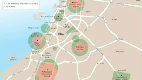 Zonas rojas y verdes de exclusión de drones en Dubai.