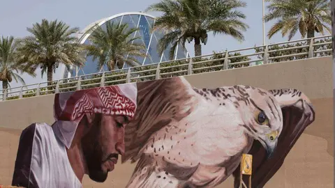 Detalle del grafiti que presenta a un emiratí con su halcón. (Manaf K. Abbas)