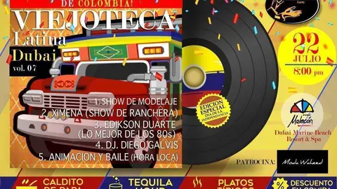 Flyer de la Viejoteca Latina dedicada al Día de la Independencia de Colombia.