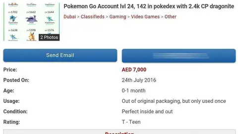 Un anuncio de venta de una cuenta de Pokémon Go en el portal Dubizzle.