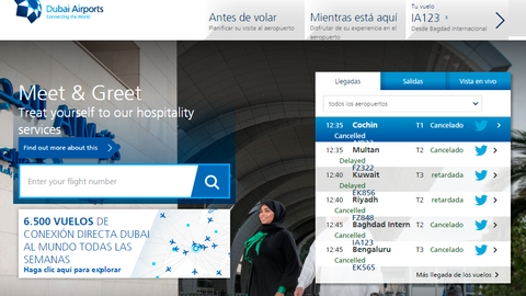 La página web de Aeropuertos de Dubai muestra los retrasos y cancelaciones de vuelos.