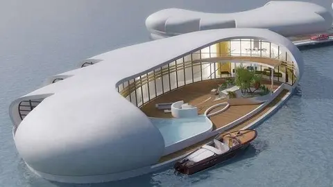 Recreación virtual de las 'naves espaciales' flotantes de New Living on water.