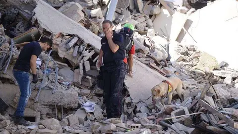 Personal de emergencia trabaja sobre montañas de escombros. (@brigadagatuna)