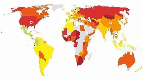 Los países menos felices en color rojo los más en verde.
