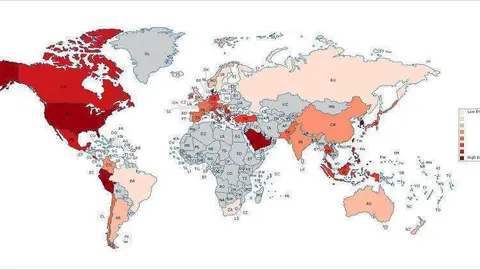 Los países más empáticos señalados en color rojo oscuro.