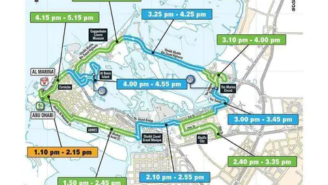 Mapa con el recorrido y el horario de la segunda etapa del Abu Dhabi Tour, que tendrá lugar el viernes 21. (Abu Dhabi Tour)