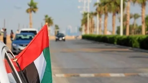 Una bandera de EAU en The Palm Jumeirah de Dubai.