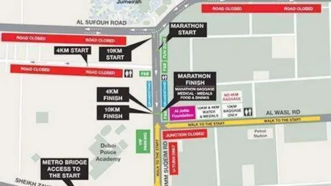 Mapa de la zona afectada por la carrera de Dubai.