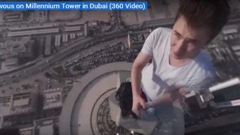 La pareja grabó imágenes panorámicas subida a una pequeña plataforma en lo alto de Millennium Tower.