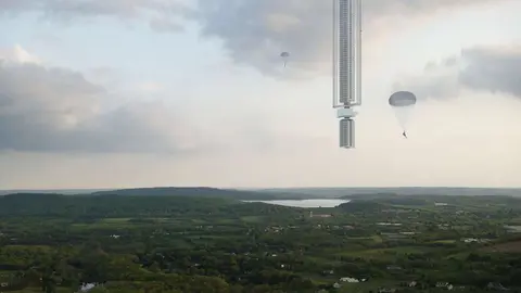 La Torre Analemma estaría suspendida en el aire, sujeta a un asteroide. (Clouds Arquitecture)