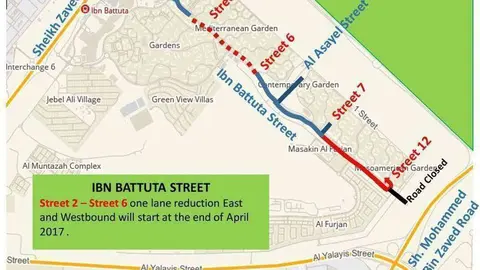 La calle Ibn Battuta Street estará cortada al tráfico en el tramo que discurre entre la intersección 2 y la 6. (RTA)