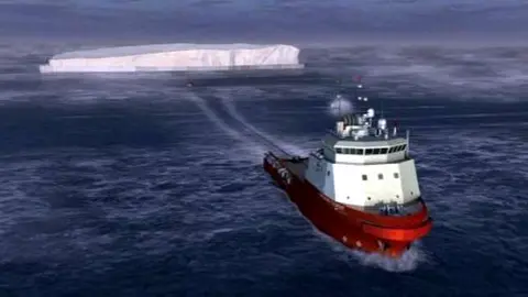 Una maqueta de un barco trasladando un iceberg.