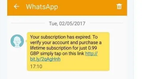 El mensaje fraudulento que aparece en la aplicación de WhatsApp.