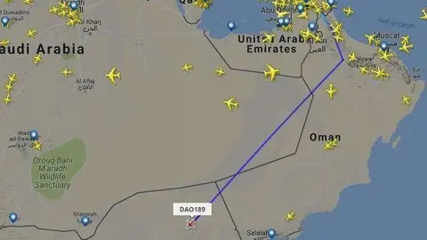 Una captura de pantalla del portal Flightradar con vuelos en tiempo real en el Golfo Arábigo.