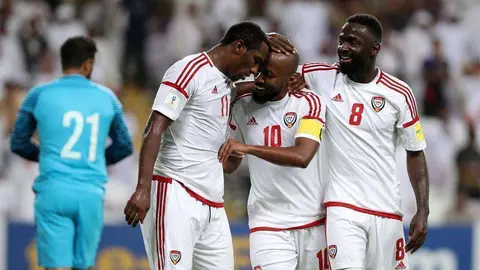En la imagen del The National, Ahmed Khalil celebra su gol con la selección de EAU.