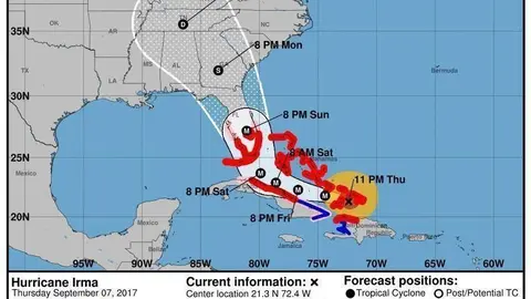 Previsión de movimiento del huracán Irma.(Centro Nacional de Huracanes, CNH, EEUU)