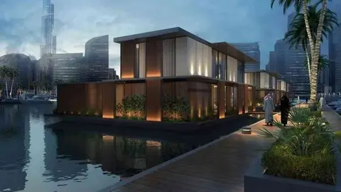 Una interpretación artística de las "casas flotantes" en el desarrollo de Marasi Business Bay en Dubai.
