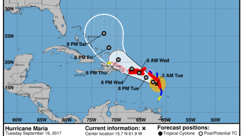 Evolución prevista para el Huracán María por el US National Hurricane Centre.