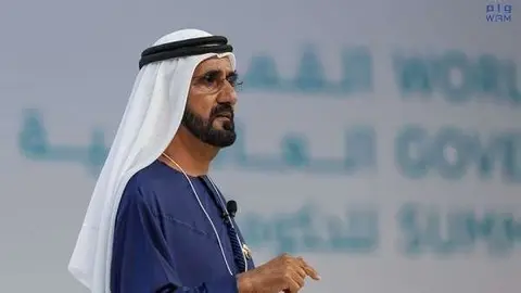 El jeque Mohammed bin Rashid Al Maktoum durante su intervención en la Cumbre Mundial de Gobierno. (WAM)