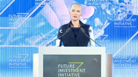 Sophia durante su presentación en la conferencia en Riad el pasado miércoles. (Vídeo YouTube)