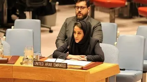 Amiera Obaid AlHafeiti, segunda secretaria de la Misión Permanente de los Emiratos Árabes Unidos ante la ONU, durante su intervención en el debate del Consejo de Seguridad. 